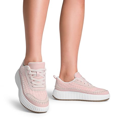 DREAM PAIRS DREAM PAIRS Women Chunky City Tweed Comfortable Casual Platform Fashion Sneaker,Size 6,Pink-Knit,SDFN2379W