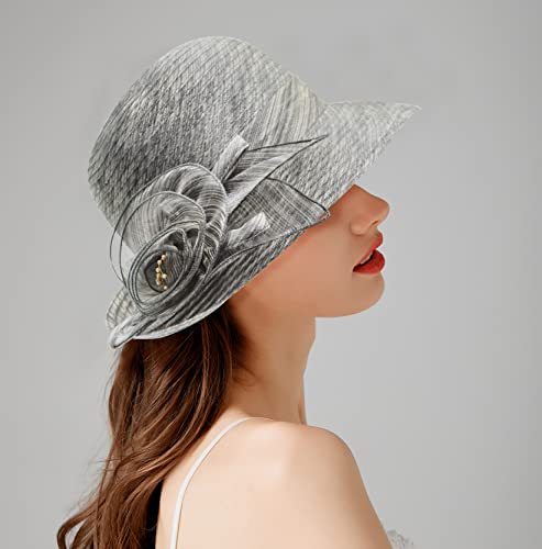 Bellady Women Organza Derby Church Wedding Fascinators Cloche Bucket Bowler Hat,Dark Gray