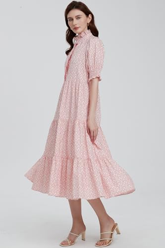 D-Sun Women Floral V-Neck Maxi Dress Button Down Printed Short Puff Sleeve Tiered Collared Flowy Elegant Long Dress Pocket3