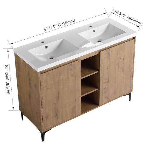 Image of Freestanding Bathroom Vanity, 48 inch Bathroom Storage Cabinet with Double Resin Sinks, 2 Soft-Close Doors & 3 Open Storage Shelves, Floor Vanity with Adjustable Shelf & Black Tripod Base, Oak