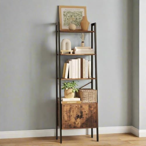 Industrial 4-Tier Shelf Ladder with Cupboard, 56cm x 173cm x 34cm, Brown, 4 Shelves, Rustic Style, Shelf
