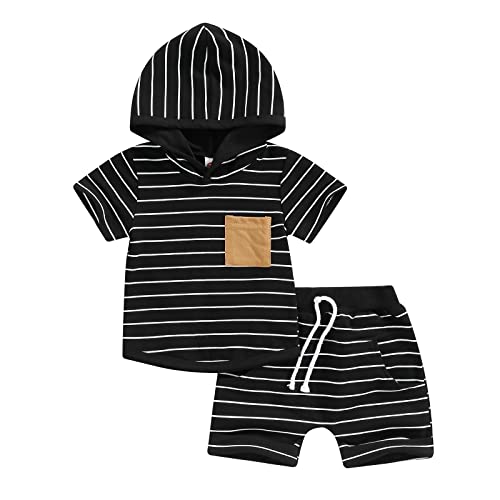 Image of TheFound Baby Boy Summer Clothes Short Sleeve Hooded Tops Drawstring Shorts Toddler Baby Boy Outfit 3 6 12 18 24 Months 3T