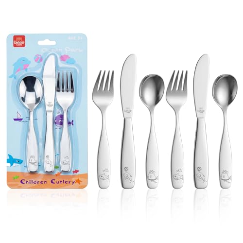Lehoo Castle Couverts pour enfants, Set de 6 pièces en acier inoxydable avec cuillère, fourchette, couteau, Couverts pour enfants à partir de 3 ans