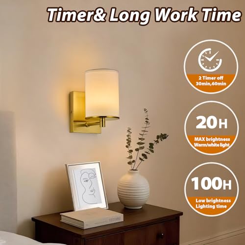 Image of Battery Operated Wall Sconce Set of Two,13 RGB Colors Dimmable Rechargeable Wall Sconces with Remote Control,Wall Lights with Cylinder White Fabric Shade for Bedroom Living Room
