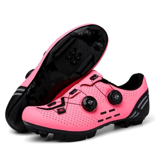 Mountainbike-skor inomhus utomhus ridskor herr och dam utomhus MTB andningsbara halkfria cykelsneakers kompatibla SPD-pedal unisex spin cykelsko, Rosa, 38.5 EU