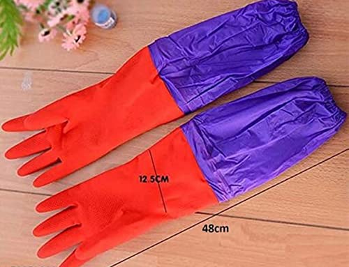 Image of Reusable Rubber Latex PVC Flock lined Long Sleeves elbow length Hand Gloves for Kitchen Dish-Washing, Cleaning, Gardening, Laundry and Sanitation and Lab Work (Long Elbow Gloves + Blue)