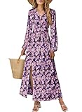 BLENCOT Women Maxi Dresses Fall Casual V Neck Long Sleeve Split Swing Party Wedding Ruched Dress Purple Medium