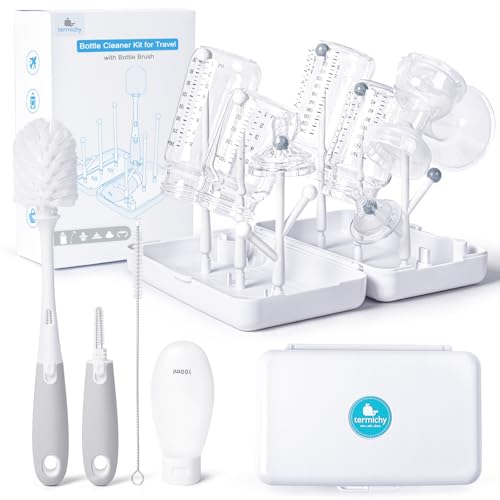 Image of Termichy Travel Bottle Cleaning Kit: Portable Drying Rack & Brush Set for Working Moms - Compact Baby Essentials for Hotel & Camping
