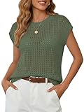 Saodimallsu Womens Crochet Sweaters Summer Cap Sleeve Knit Tops Lightweight Crewneck Beach Vacation Clothes Army Green
