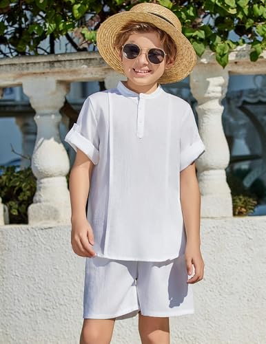 Image of Arshiner Boy's 2 Pieces Linen Sets Short Sleeve Henley Shirt and Shorts Summer Beach Matching Outfits 4-12 Years