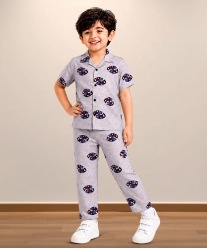 Image of 3BROS Unisex Pure Cotton Short Sleeve Kids Night Dress for Boys & Girls Nightwear /Sleepsuit /Sleepwear /Loungewear Night Suit for Boys and Girls Top and Pyjama Combo Set