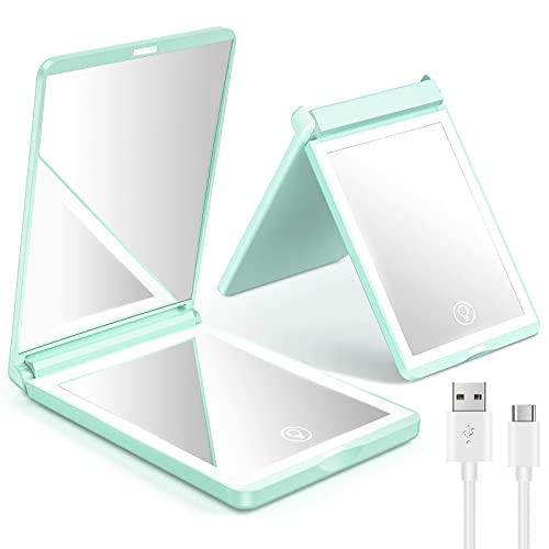 Gospire Standing Led Travel Makeup Mirror With Lights And Magnification 1X/3X, Rechargeable Compact Mirror With Adjustable Brightness, Foldable Small Vanity Mirror Handheld For Purses – Green #TOP19