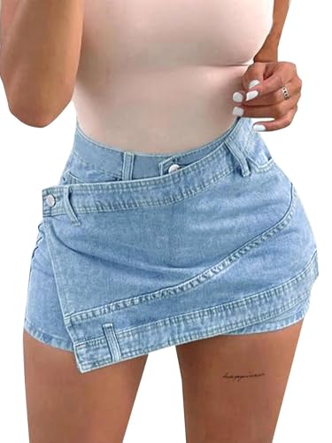 Avanova Women Denim Mini Skirt Jean Skort Sexy High Waisted Asymmetrical Stretch Short Skirts