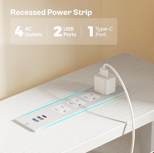 Image of Huuger 47 inch Computer Desk with 4 Drawers, Gaming Desk with LED Lights & Power Outlets, Home Office Desk with Large Storage Space for Bedroom, Work from Home, White
