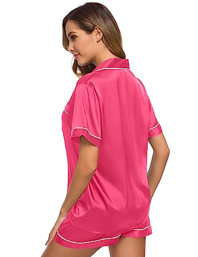 Image of SWOMOG Women Silk Satin Pajamas Set Short Sleeve Button Down Sleepwear Loungewear Pj Sets