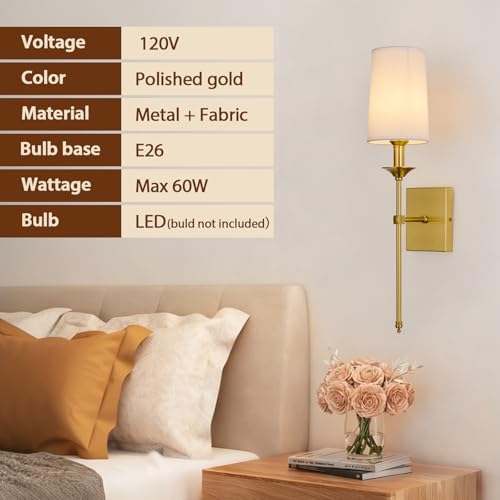 Image of Gold Wall Sconce Set of 2,Hardwired Bathroom Vanity Light Fixture with White Fabric Shade,Gold Sconce for Living Room Dining Room Fireplace Mantel
