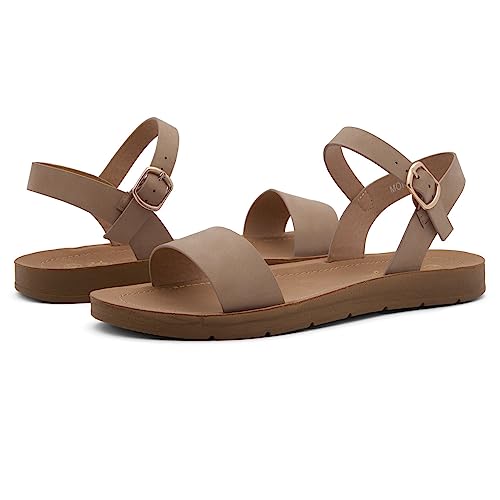 Image of Herstyle Flat Sandals for Women - Open Toe 1 Band Ankle Strap Summer Dressy Sandals, Lightweight Casual Strappy Slip-On Flats with Adjustable Buckle