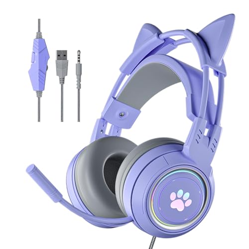 Xmenha Cat Ear Headphones Purple Gaming Headset with Mic for Switch Xbox One PS4 PS5, Cute Girl Kids...