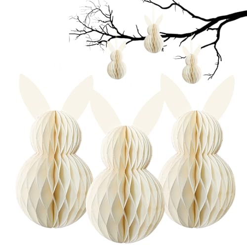 LUMOOM 3 pièces de décoration Pâques Boules alvéolées, Lapin Pâques en Papier Pliable, Lapin alvéolé en Papier Soie, Lapins Pâques à Suspendre pour l'extérieur, réutilisables (Blanc)