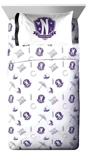 Image of Wednesday Addams Twin Comforter Set 5 Piece Gothic Bedding for Girls, Black | Bed in a Bag, Comforter Sheets Sham Pillowcase, Official Product, Soft Microfiber, Machine Washable, Girls Gift