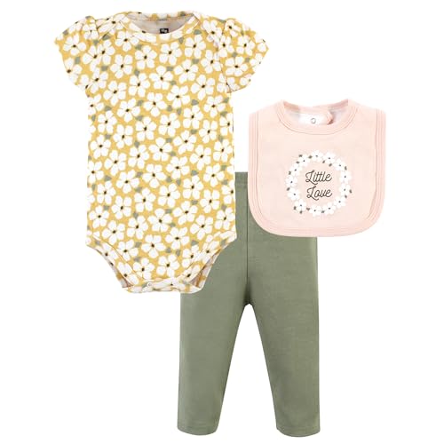 Image of Hudson Baby Unisex Baby Cotton Bodysuit, Pant and Bib Set, Sage Floral Wreath, Newborn