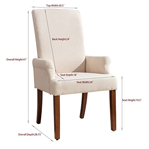 Restworld Fabric Arm Dining Chair,Tufted Upholstered High Back Nailed Trim With Untique Oak Wood Legs For Kitchen Restaurant Room Bedroom (Ivory) #TOP1
