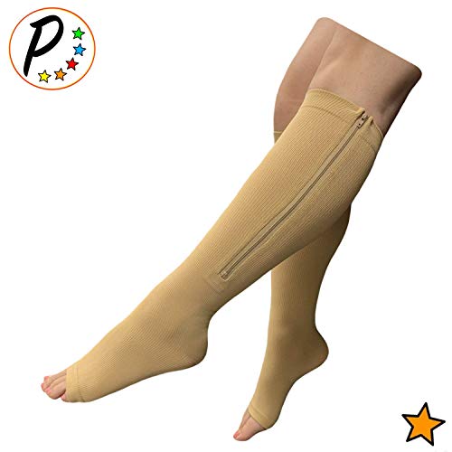 Image of Presadee Petite Open Toe 15-20 mmHg Moderate Zipper Compression Leg Calf Socks (Beige, L /XL)
