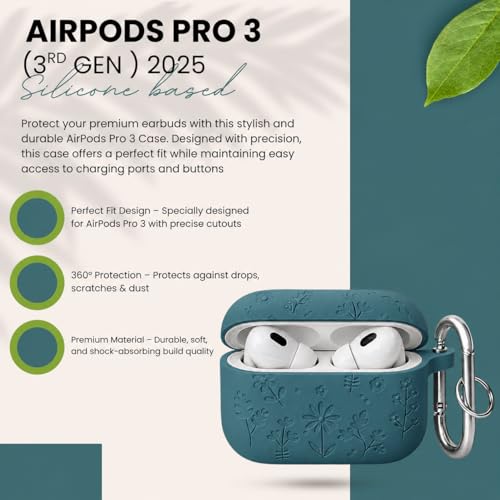 Image of Emoh Roced Case for Airpods Pro 3,Silicone Flower Engraved Cases Compatible with Apple AirPods Pro 3rd Generation 2025, Shockproof, Anti-Scratch, Protective Case Cover (Dark Green, for AirPods pro 3)