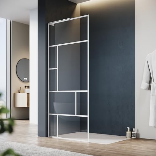 SONNI Duschwand 90x200 cm Walk In weiß Rahmen style-Edelstahl L-förmige Halterung verstellbare Breite-6mm ESG Nano icherheitsglas-links oder rechts montierbar