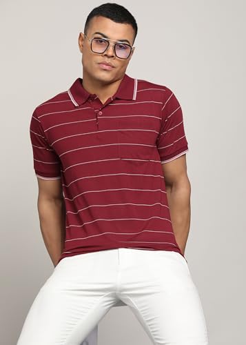 Image of INKKR Men Striped Polo Neck Cotton Blend T-Shirt