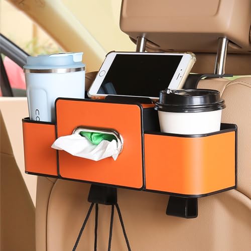 3-in-1 Car Backseat Organizer â€“ Keep Your Ride Clean & Organized, Back Seat Car Organizer with Drink Holder, Tissue Box and Hook, Car Seat Back Storage Box for Cup, Snack, Phone (Orange)