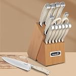 Kuisine Chef Couteau, acier inoxydable au carbone élevé Ultra Poignée ergonomique à lame tranchante, ensemble de couteaux à la chatte avec aiguiseur intégré, cadeau élégant pour les vacances (Acacia A49, 15PCS)