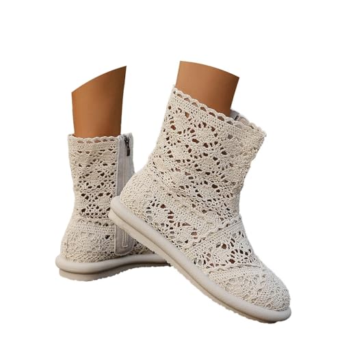 Image of Generisch Short Boots Women's Cutout Ankle Boots Women's Summer Half Boots Elegant Ankle Boots Round Toe Short Shaft Boots Fabric Women's Boots Wide Fit Platform Boots Half Height Western Boots, White