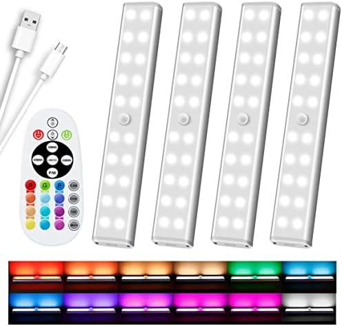 Diomart 48 LED Under Cabinet Lighting Wireless, 15 Colors Changeable Rechargeable RGB Under Cabinet Lights Remote Control Under Counter Lights Mini Night Light Bar for Indoor Display Shelf, 4 Pack