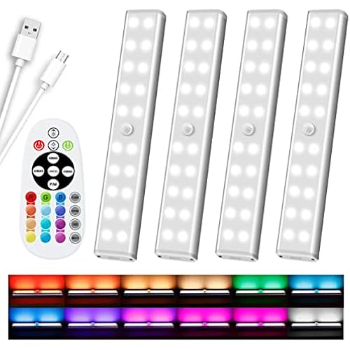 Diomart 48 LED Under Cabinet Lighting Wireless, 15 Colors Changeable Rechargeable RGB Under Cabinet Lights Remote Control Under Counter Lights Mini Night Light Bar for Indoor Display Shelf, 4 Pack