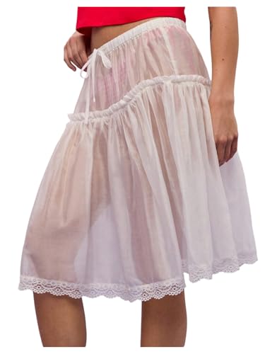 MakeMeChic Women's Pleated Mini Skirt Boho Lace Sheer Mid Waisted Ruffles Tie Drawstring Summer Beach Y2k Skirts