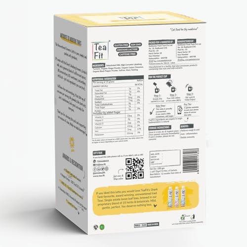 Image of TeaFit NO SUGAR Instant Turmeric Latte | Healing Haldi Doodh | 100 Sachets (1500gm) + Spoon | Get Good Sleep | Ayurvedic Remedy | Diabetic-Friendly | With Lakdadong Turmeric