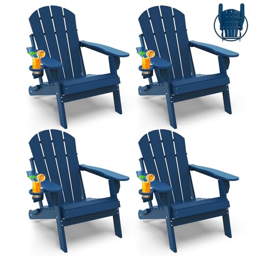 GREENVINES Folding-Adirondack-Chairs-Set-of-4 | HDPE Plastic | Fire Pit Chair | All Weather | Cup Holder | Blue | for Deck Backyard Patio Outdoor Gard