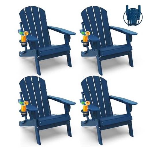 GREENVINES Folding Adirondack Chairs Set of 4, HDPE All-Weather Fire Pit Chairs with Cup Holder, Plastic Campfire Chair for Deck Backyard Patio Outdoor Poolside Porch Lawn Outside, Blue
