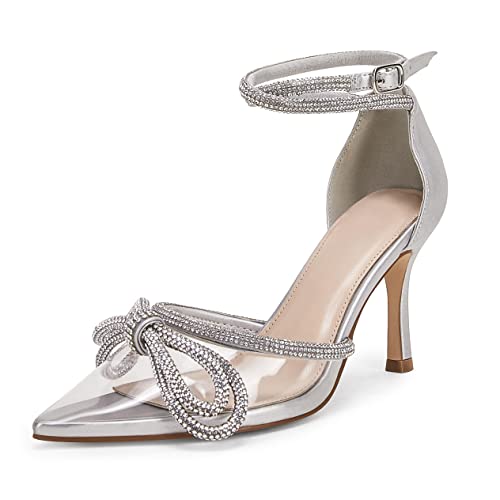 Coutgo Women's Clear Heels Closed Toe Pointed Rhinestone Heels Wedding Bridal Dress Shoes Ankle Strap Mid Heel Stiletto Pumps Shoes