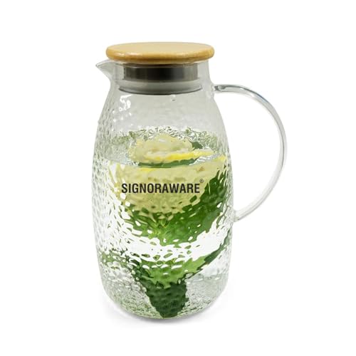 Image of Signoraware BoroLuxe Borosilicate Glass Jug with Bamboo Lid | Heat Resistant | Elegant Airtight Bamboo Lid for Natural Look | Ideal for Water, Juice, Detox & Infused Beverages (1.5 Ltr | Clear)