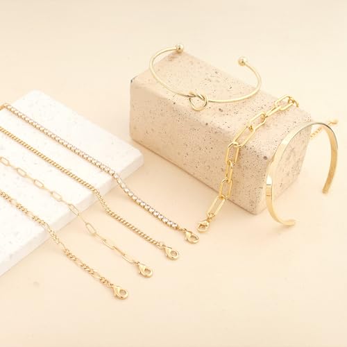 Gold Bangle Cuff Knot Bracelet for Women Stack Non Tarnish 14k Gold Plated Dainty Cubic Zirconia Tennis Bracelets Jewelry Set for Women Trendy4