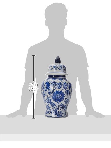 Oriental Furniture 18" Floral Blue & White Porcelain Temple Jar #TOP4