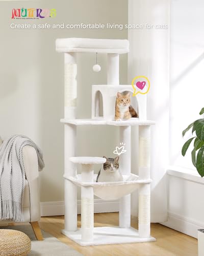 Image of MUTTROS Cat Tree for Large Cats with Metal Plush Big Hammock, 56.3 inch Cat Tower for Indoor Cats with 2 Door Condo House, 6-Tier Cat Shelves with Scratching Posts and Large Top Perch, Cream White
