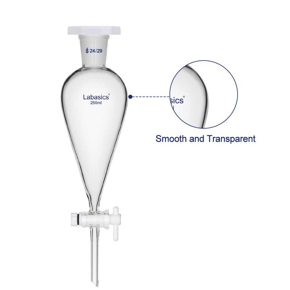 Labasics Imbuto Separatore Conico a Parete Pesante in Vetro Borosilicato con 24/29 Giunti e Rubinetto di Arresto in PTFE, 250 ml