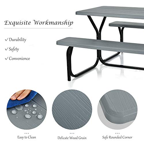 Giantex Picnic Table Bench Set Outdoor Camping All Weather Metal Base Wood-Like Texture Backyard Poolside Dining Party Garden Patio Lawn Deck Furniture Large Camping Picnic Tables For Adult (Gray) #TOP3