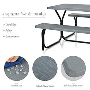 Giantex Picnic Table Bench Set Outdoor Camping All Weather Metal Base Wood Like Texture Backyard Poolside Dining Party Garden Patio Lawn Deck Furniture Large Camping Picnic Tables for Adult Gray