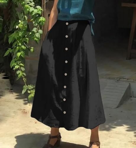 chouyatou Women's High Waisted Button Front Skirt A-Line Pleated Cotton Midi Long Skirt with Pockets2