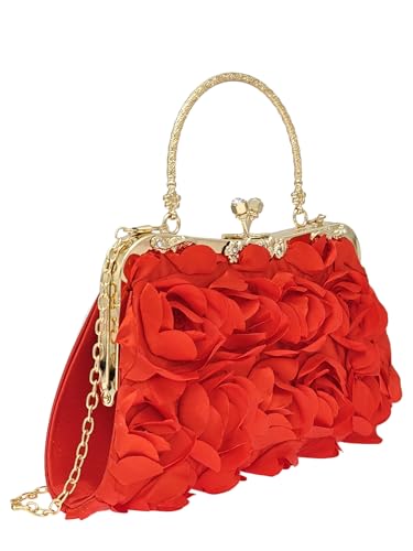 Women's 3D Rose Clutch Purses Satin Floral Crossbody Bags Evening Wedding Party Handbag With Chain2
