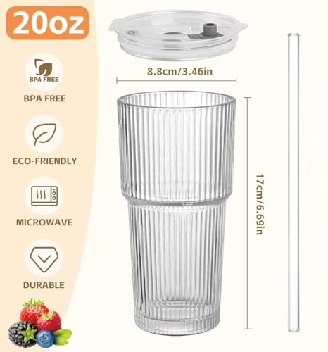 Image of FUNKYFINDS Ribbed Glass Cup with Lid and Straw 600ml, 1 PCS Glass Tumbler with Straw and Lid, Iced Coffee and Tea Cups Drinking Glasses for Juice Milk Water Lemon Soda, Beer Drinking Glasses